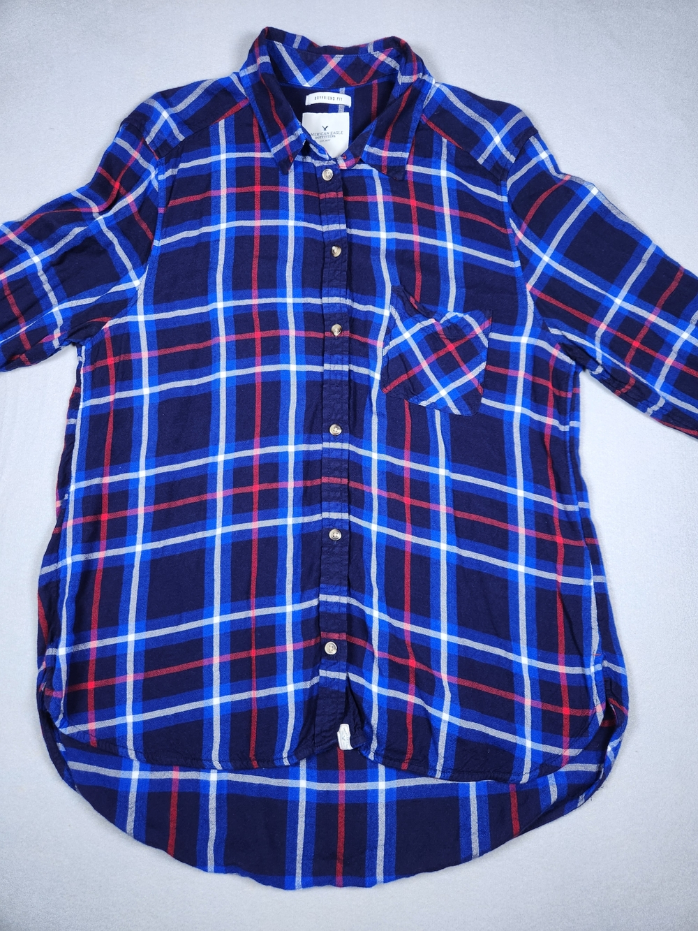 American Eagle Outfitters BOYFRIEND FIT Navy Blue Red Plaid Button-Down Shirt